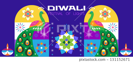 Traditional Indian festival Diwali. Happy Festival of lights Deepavali, peacock, rangoli Template  banner  Festive Burning diya background Vector abstract icon  illustration 131152671