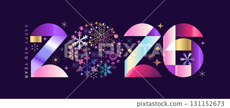 Merry Christmas and Happy New Year 2026 art holiday abstract background template neon gradient  bauhaus design with Gifts, ball toy, snowflake  Modern Xmas flat vector illustration 131152673