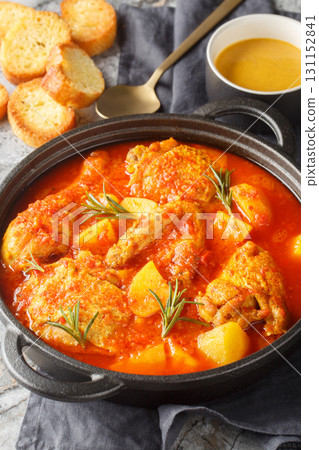 Chicken Bouillabaisse with Rouille and bread closeup in the plate. Vertical Chicken Bouillabaisse with Rouille and bread closeup in the plate. Vertical 131152841