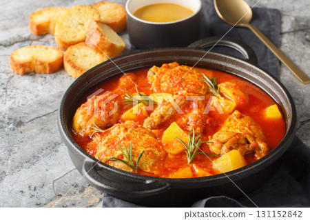 Chicken Bouillabaisse soup in a rich tomato-vegetable broth served with toasted baguette and rouille sauce, close-up in a pan. Horizontal 131152842
