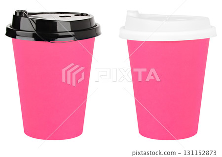 Set of paper pink coffee cups with white and black lids on an isolated white background 131152873