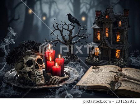 A mystical and spooky Halloween scene is set on a dark surface. 131152913