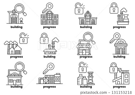 set of images of buildings with a key and a lock on them 131153218
