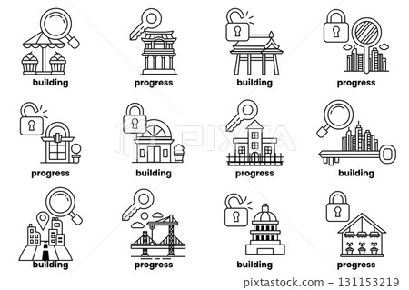 set of images of buildings with a key and a lock on them 131153219