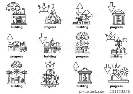 The icons include a building, a key, a coin, a ruler, a book, a house, a tree 131153236