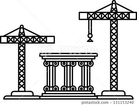 A building with two cranes in the background 131153240