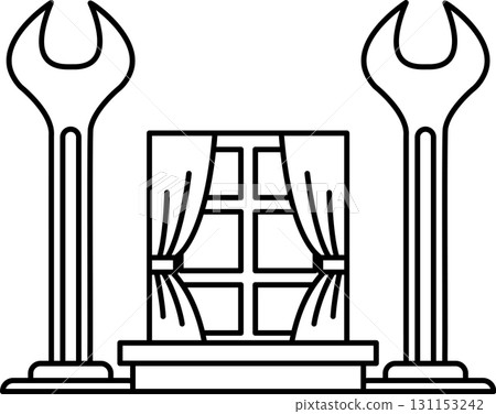 A black and white drawing of a window with a pair of wrenches on either side A black and white drawing of a window with a pair of wrenches on either side 131153242