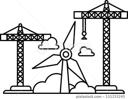 A wind turbine is shown in the foreground of a construction site 131153245