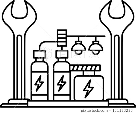 A black and white drawing of a machine with a wrench and a bottle of oil A black and white drawing of a machine with a wrench and a bottle of oil 131153253