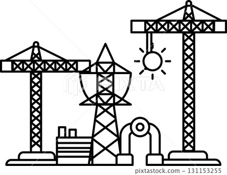 A black and white drawing of two cranes and a power tower A black and white drawing of two cranes and a power tower 131153255
