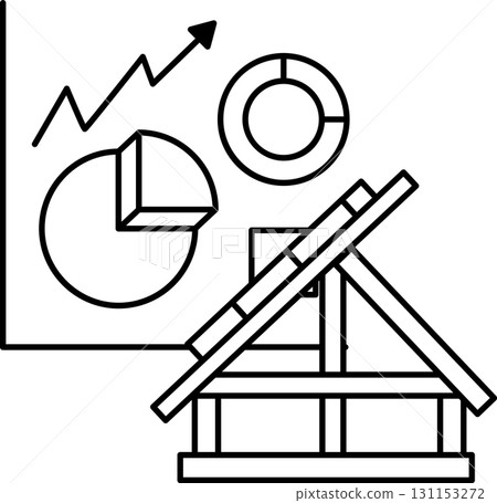 A graph with a rising line and a pie chart with a triangle on it 131153272