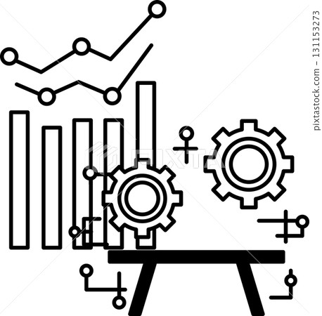 A black and white image of a graph with two gears and a table 131153273