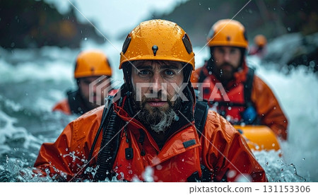 Rescuers engage in a critical water rescue operation during a rainy day in a remote river setting 131153306