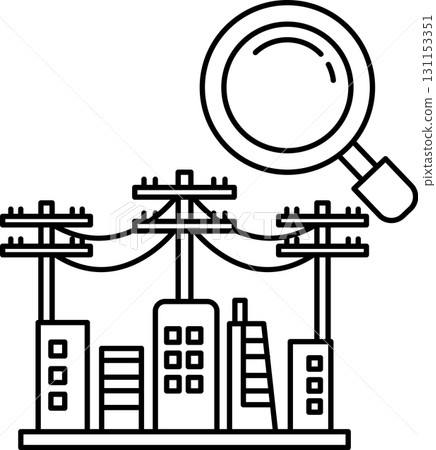 A black and white drawing of a city with a magnifying glass over it A black and white drawing of a city with a magnifying glass over it 131153351