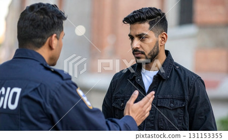 Police officer questions a man in a city street during daylight hours Police officer questions a man in a city street during daylight hours 131153355