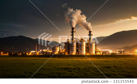 Factory with smoke coming out of chimney, Global warming material, Generative AI, AI image 131153543