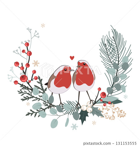 Floral Christmas wreath frame with cute robins couple. Winter foliage decoration, Xmas card. Vector isolated illustration 131153555