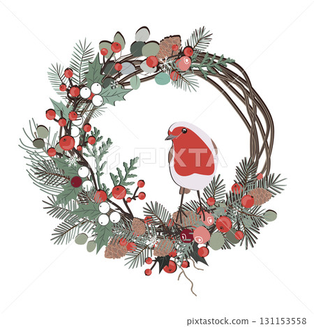 Floral Christmas wreath with cute robin bird. Winter foliage decoration, Xmas card. Vector isolated illustration Floral Christmas wreath with cute robin bird. Winter foliage decoration, Xmas card. Vector isolated illustration 131153558
