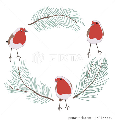 Floral Christmas wreath frame with cute robin birds and pine branches. Winter foliage decoration, Xmas card. Vector isolated illustration Floral Christmas wreath frame with cute robin birds and pine branches. Winter foliage decoration, Xmas card. Vector isolated illustration 131153559