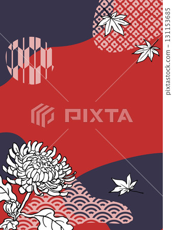 菊花和秋葉的日本現代紅色垂直背景材料 131153685