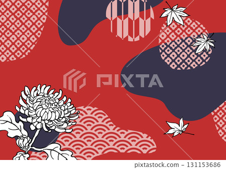 Japanese modern red background material of chrysanthemums and autumn leaves 131153686