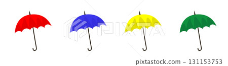 Colorful umbrellas for rainy autumn or spring weather. Blue, red, green, yellow umbrellas. Flat vector set isolated on transparent background 131153753