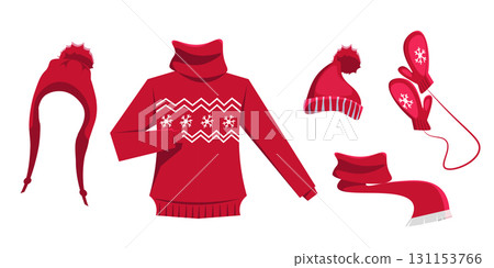 Winter Christmas clothes vector illustration set. Red-white knitted sweater, scarf, hats, mittens. Xmas themed garments. Warm footwear and headwear for cold weather protection Winter Christmas clothes vector illustration set. Red-white knitted sweater, scarf, hats, mittens. Xmas themed garments. Warm footwear and headwear for cold weather protection 131153766