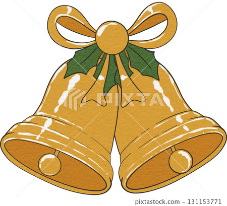 Festive golden Christmas bells, perfect for holiday decorations and seasonal artwork. 131153771
