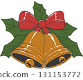 Festive golden Christmas bells, perfect for holiday decorations and seasonal artwork. 131153772
