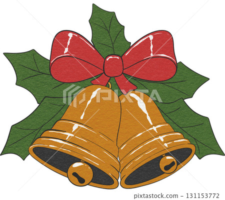 Festive golden Christmas bells, perfect for holiday decorations and seasonal artwork. 131153772