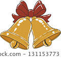 Festive golden Christmas bells, perfect for holiday decorations and seasonal artwork. 131153773