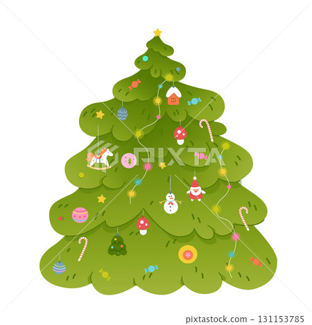 Decorated Christmas tree isolated on transparent. New year celebration vector illustration. Beautiful fire with toys, glowing garland decoration on merry Xmas tree at holiday event Decorated Christmas tree isolated on transparent. New year celebration vector illustration. Beautiful fire with toys, glowing garland decoration on merry Xmas tree at holiday event 131153785