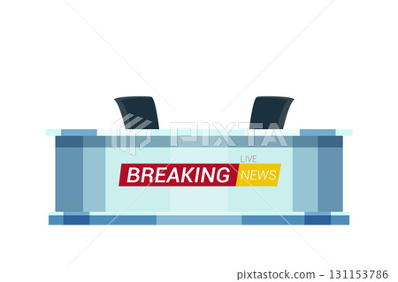 Live breaking news flat vector illustration. TV studio interior. Television news program background 131153786