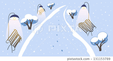Winter snow city park with benches, trees and lanterns. Winter landscape. Season greetings card background. Colorful flat vector illustration 131153789