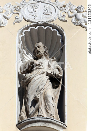 Jesus Christ Savior on the portal of Holy Cross, parish Church of the Immaculate Conception of the Virgin Mary in Lepoglava, Croatia Jesus Christ Savior on the portal of Holy Cross, parish Church of the Immaculate Conception of the Virgin Mary in Lepoglava, Croatia 131153806