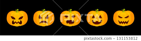 Halloween pumpkin faces collection. Set of carved pumpkins with different spooky, funny and scary expressions for autumn holiday decoration and party design. Cartoon vector illustration Halloween pumpkin faces collection. Set of carved pumpkins with different spooky, funny and scary expressions for autumn holiday decoration and party design. Cartoon vector illustration 131153812