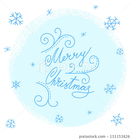 Merry Christmas background. Lettering with swirls in hand drawn style. Pastel light blue snowflakes on white backdrop in festive winter mood. Elegant holiday greeting card. Vector illustration 131153826