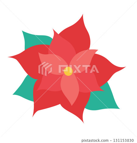Red poinsettia flower with green leaves. Festive floral decoration. Traditional Christmas plant for holiday card. Flat vector illustration Red poinsettia flower with green leaves. Festive floral decoration. Traditional Christmas plant for holiday card. Flat vector illustration 131153830