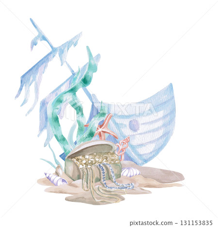 A sunken pirate ship with a treasure chest. Isolated watercolor illustration in a fairytale style for children's interiors, cosmetics, clothing prints, and themed party designs. 131153835