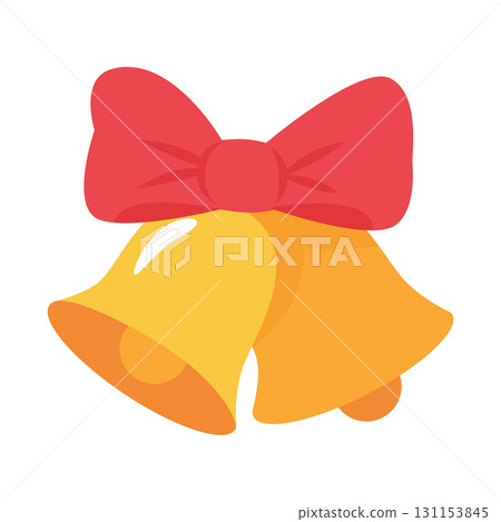 Christmas bells with red ribbon bow. Two golden jingle bells with festive decoration symbolizing holiday celebration and New Year spirit. Vector illustration 131153845