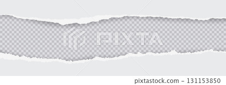 Horizontal torn white paper page with ripped edges isolated on transparent background. Textured ripped page for creative design, banners, overlays in media projects. Realistic vector illustration Horizontal torn white paper page with ripped edges isolated on transparent background. Textured ripped page for creative design, banners, overlays in media projects. Realistic vector illustration 131153850