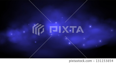 Night starry sky background. Dark sky with glowing blue nebula and sparkling stars on dark backdrop. Cosmic, fantasy, sci-fi, celestial-themed design. Abstract vector illustration 131153854