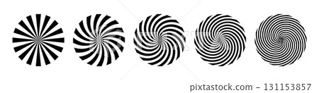 Black and white spiral illusion background. Circus backdrop. Abstract hypnotic radial patterns with optical distortion and twisted vortex effect. Dynamic graphic vector illustrations set 131153857