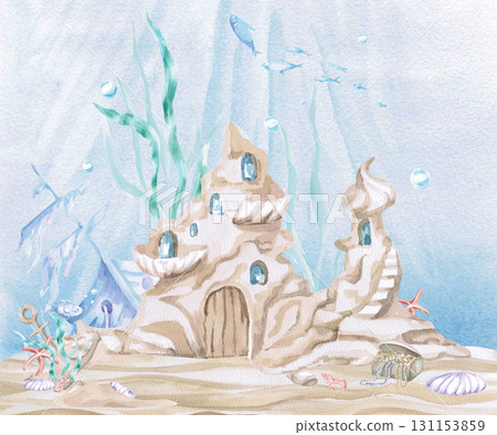 A fairytale underwater castle against a backdrop of deep water. A fairytale-style watercolor illustration for children's interiors, beauty products, clothing prints, and themed party designs. A fairytale underwater castle against a backdrop of deep water. A fairytale-style watercolor illustration for children's interiors, beauty products, clothing prints, and themed party designs. 131153859