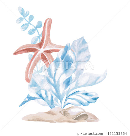 Blue seaweed with a starfish in the sand. Isolated watercolor illustration in a fairytale style for children's interiors, cosmetics, clothing prints, card designs, and themed holidays. Blue seaweed with a starfish in the sand. Isolated watercolor illustration in a fairytale style for children's interiors, cosmetics, clothing prints, card designs, and themed holidays. 131153864