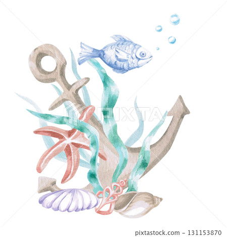 Seaweed with shells, a starfish, an anchor, and a fish. Isolated watercolor illustration in a fairytale style for children's interiors, cosmetics, clothing prints, card designs, and themed holidays. Seaweed with shells, a starfish, an anchor, and a fish. Isolated watercolor illustration in a fairytale style for children's interiors, cosmetics, clothing prints, card designs, and themed holidays. 131153870