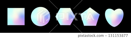 Hologram stickers set. Holographic gradient geometric labels. Neon pastel square, circle, heart, hexagon shapes with soft iridescent glow. Vector illustrations isolated on black 131153877