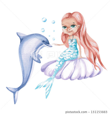 A red-haired mermaid on a shell with a cheerful dolphin. Isolated watercolor illustration of a fairytale character for children's interiors, cosmetics, clothing prints, and themed party designs. A red-haired mermaid on a shell with a cheerful dolphin. Isolated watercolor illustration of a fairytale character for children's interiors, cosmetics, clothing prints, and themed party designs. 131153883