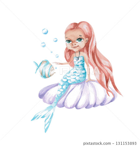A red-haired mermaid on a shell with a fish. Isolated watercolor illustration of a fairytale character for children's interiors, cosmetics, clothing prints, greeting card designs, and themed holidays. 131153893
