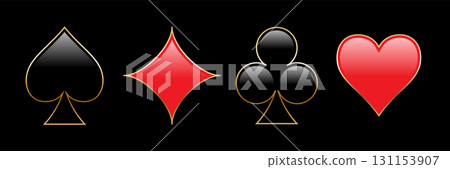 Playing card suits set. Poker cards black spade, club and red diamond, heart isolated on black background. Classic poker and casino symbols minimalistic and simple design. Vector illustrations Playing card suits set. Poker cards black spade, club and red diamond, heart isolated on black background. Classic poker and casino symbols minimalistic and simple design. Vector illustrations 131153907